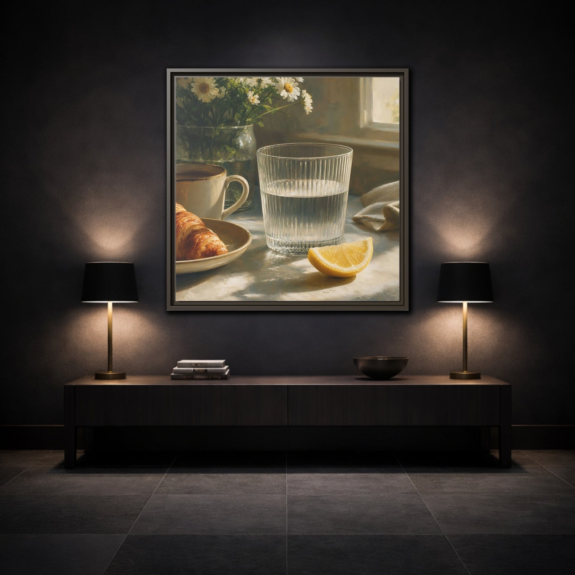 Mockup 3. Floral Breakfast Morning Still Life shown as stretched canvas wall art