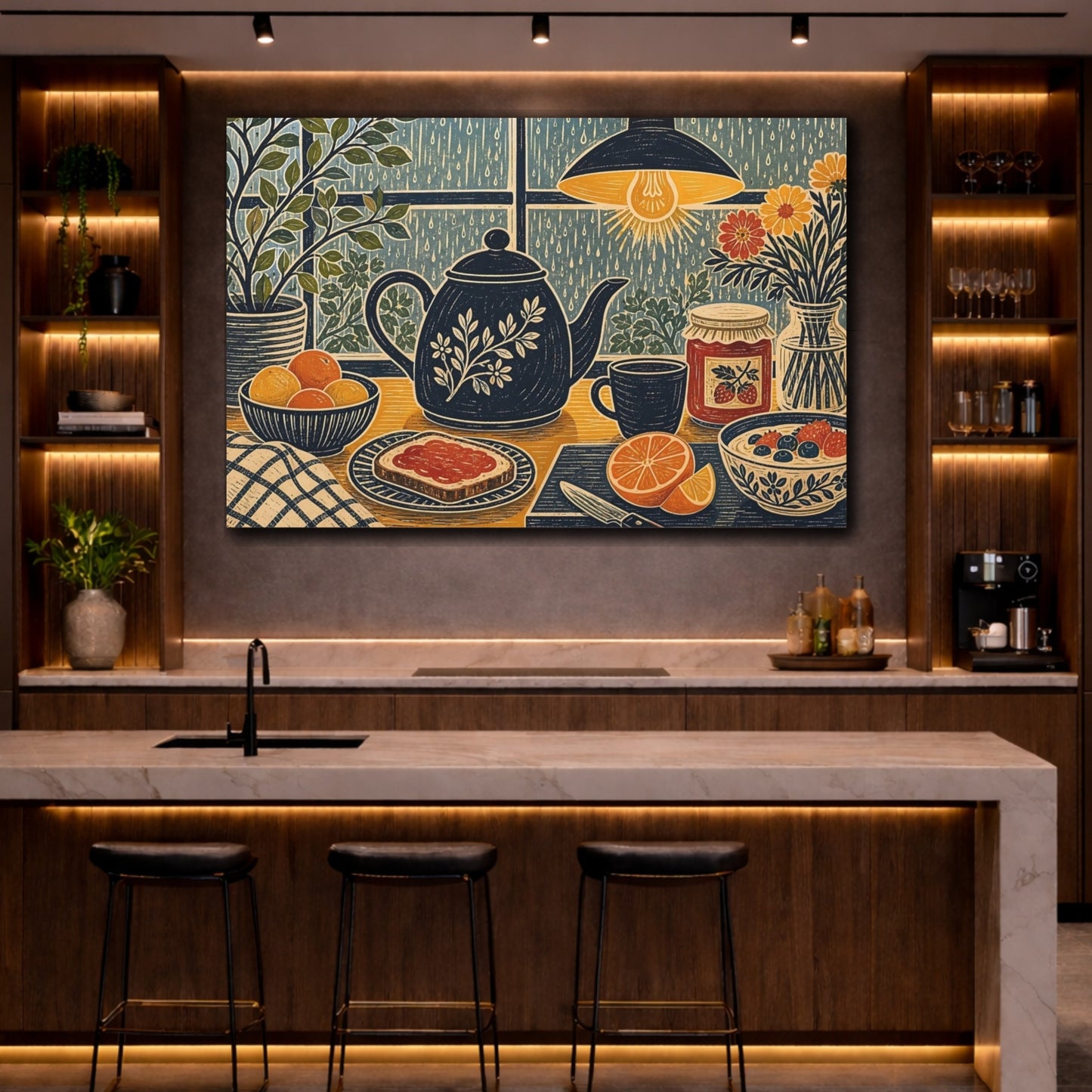 Mockup 2. Floral Breakfast Table Cozy Breakfast shown as stretched canvas wall art