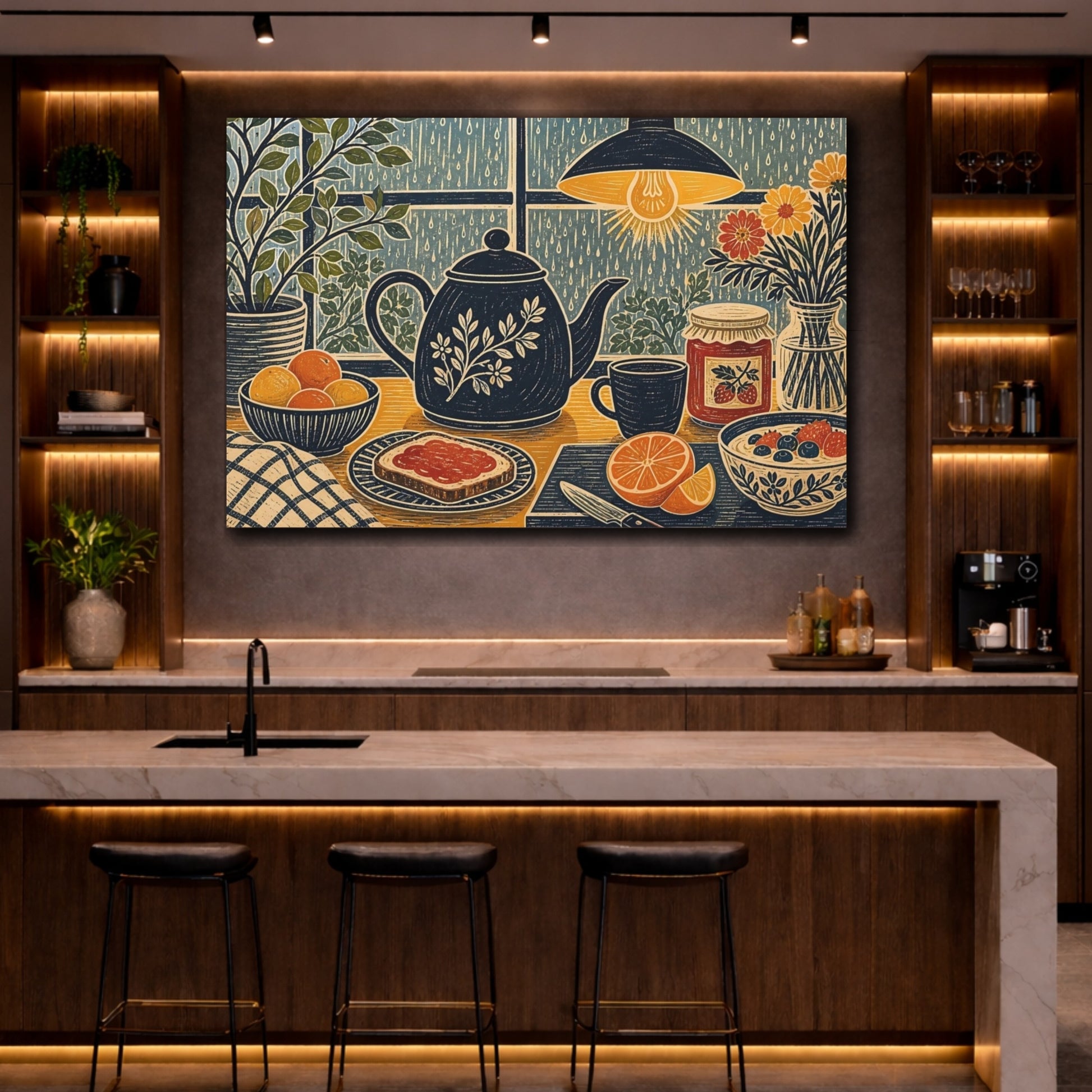 Mockup 2. Floral Breakfast Table Cozy Breakfast shown as stretched canvas wall art