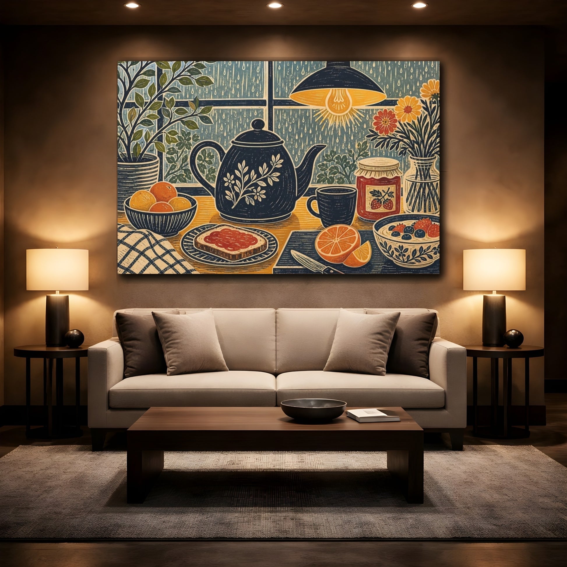 Mockup 3. Floral Breakfast Table Cozy Breakfast shown as stretched canvas wall art