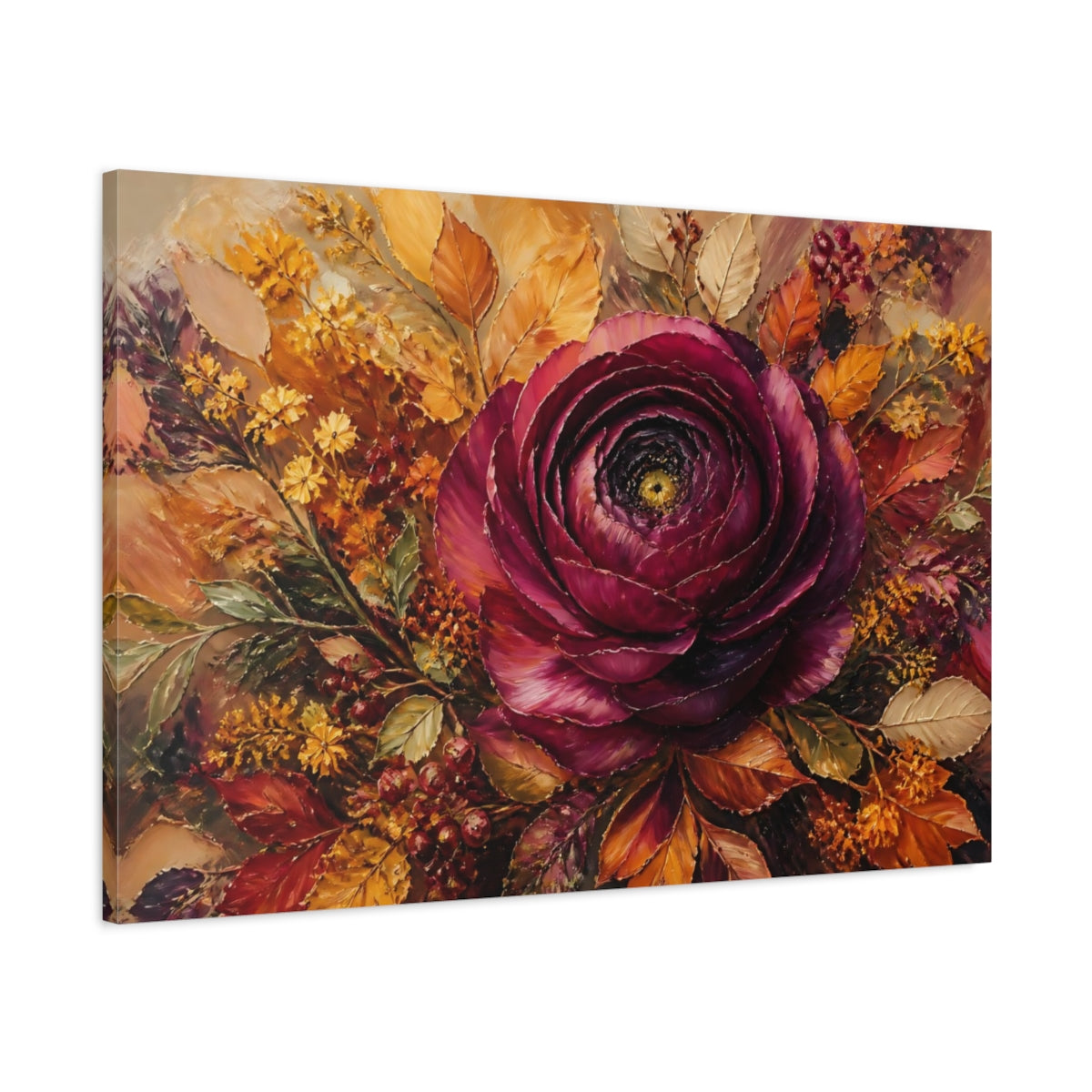 Main Mockup. Floral Burgundy Flower Burgundy Floral shown as stretched canvas wall art