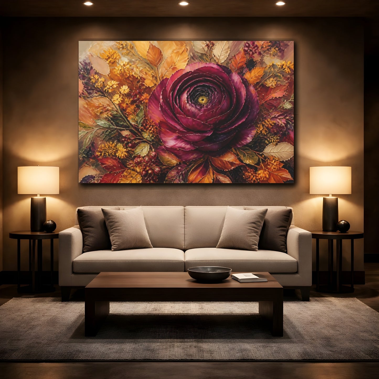 Mockup 2. Floral Burgundy Flower Burgundy Floral shown as stretched canvas wall art