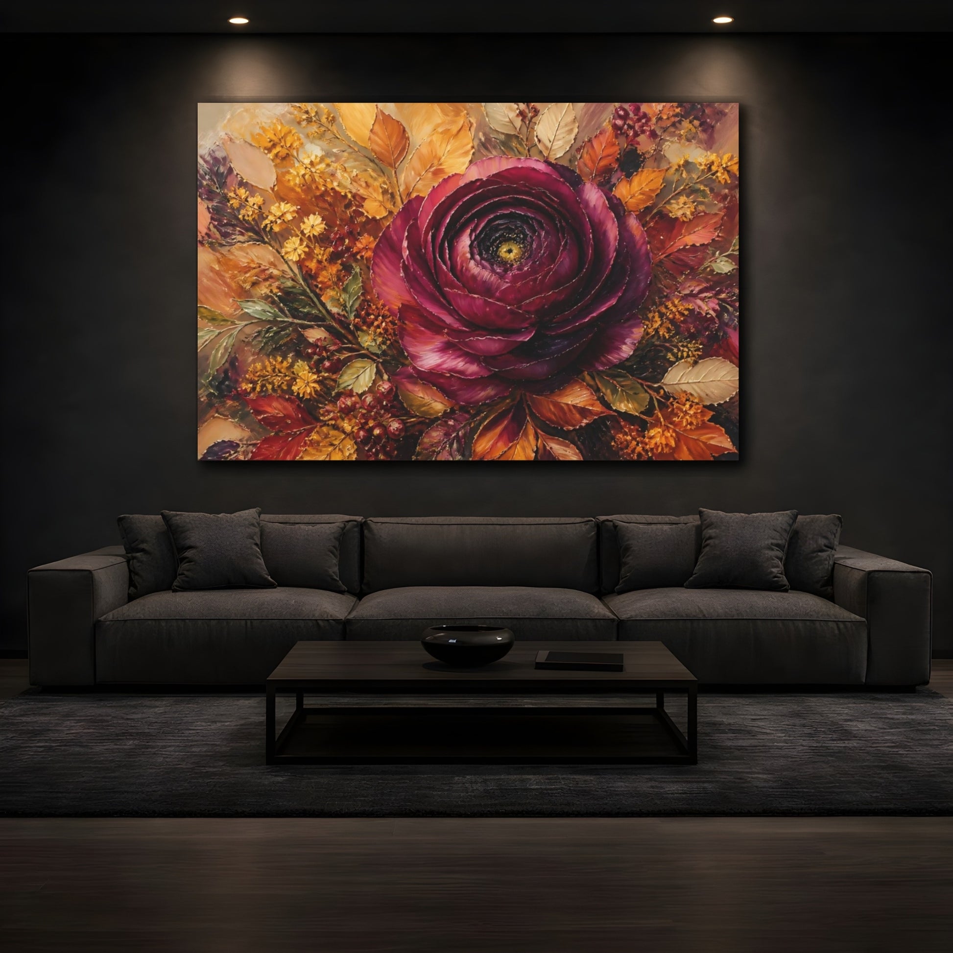Mockup 3. Floral Burgundy Flower Burgundy Floral shown as stretched canvas wall art