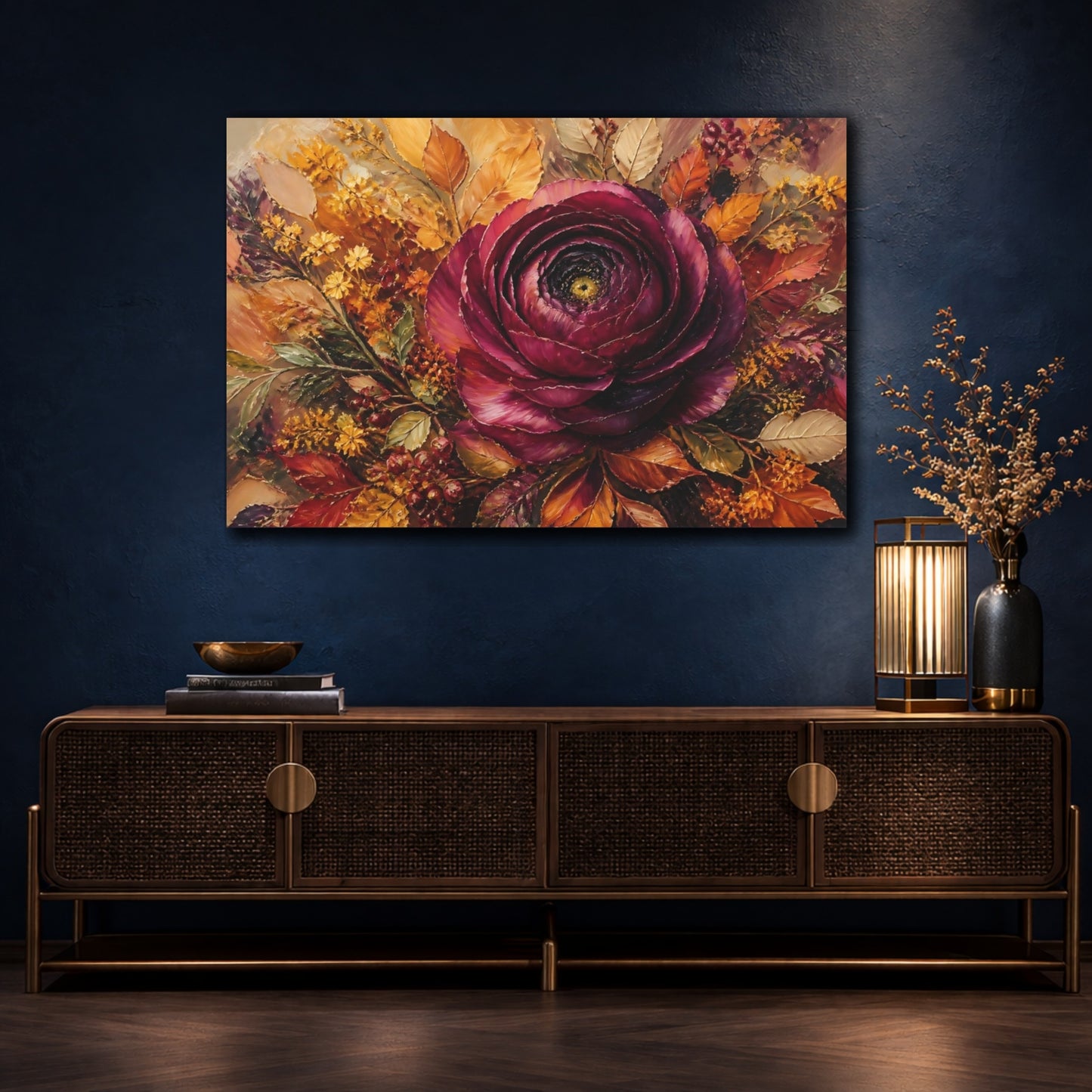 Mockup 4. Floral Burgundy Flower Burgundy Floral shown as stretched canvas wall art