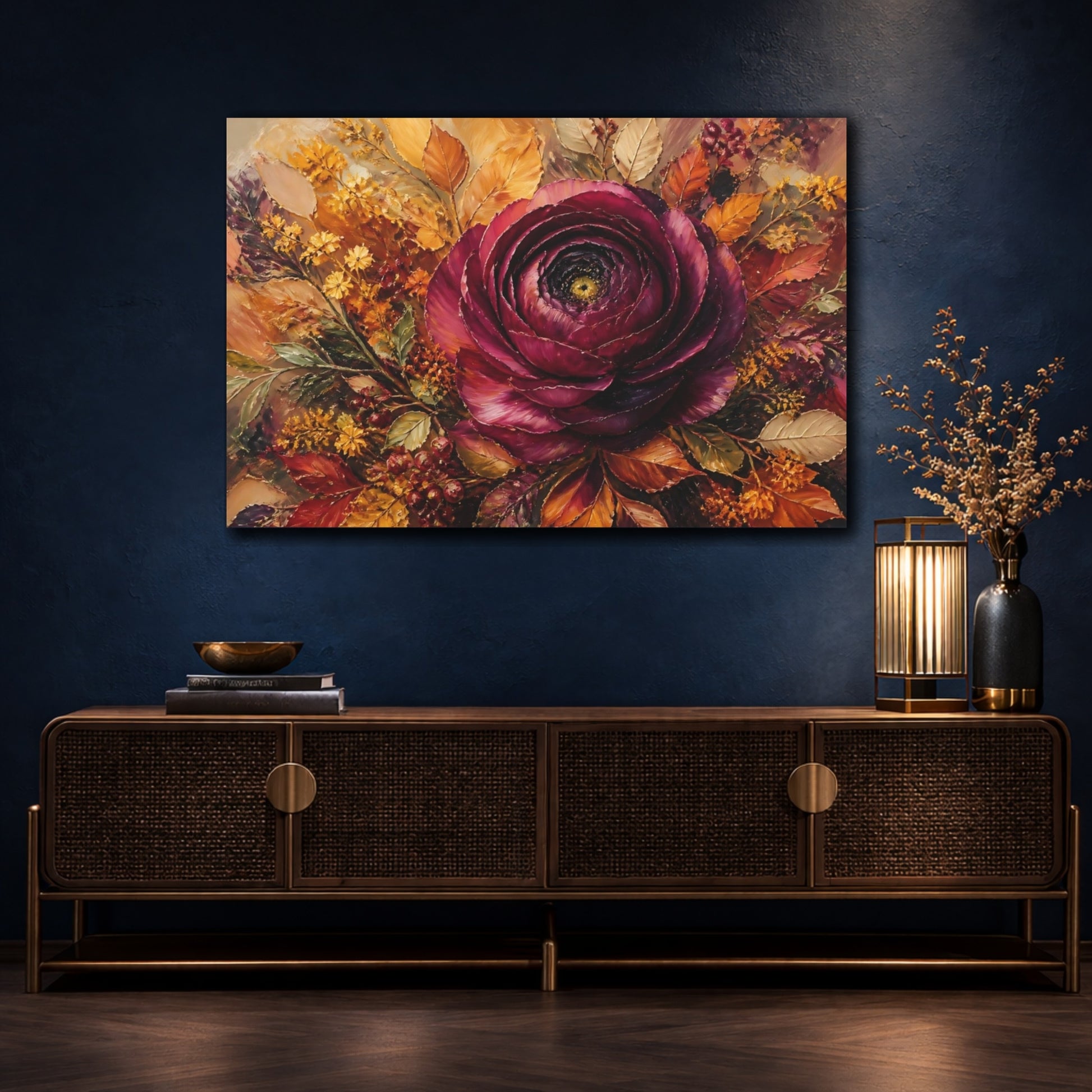 Mockup 4. Floral Burgundy Flower Burgundy Floral shown as stretched canvas wall art