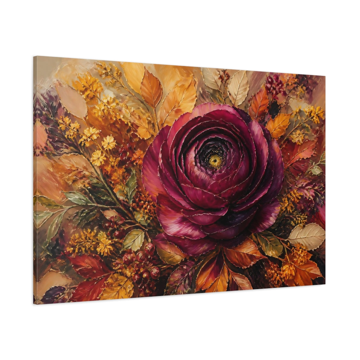 Side Mockup 1. Floral Burgundy Flower Burgundy Floral shown as stretched canvas wall art