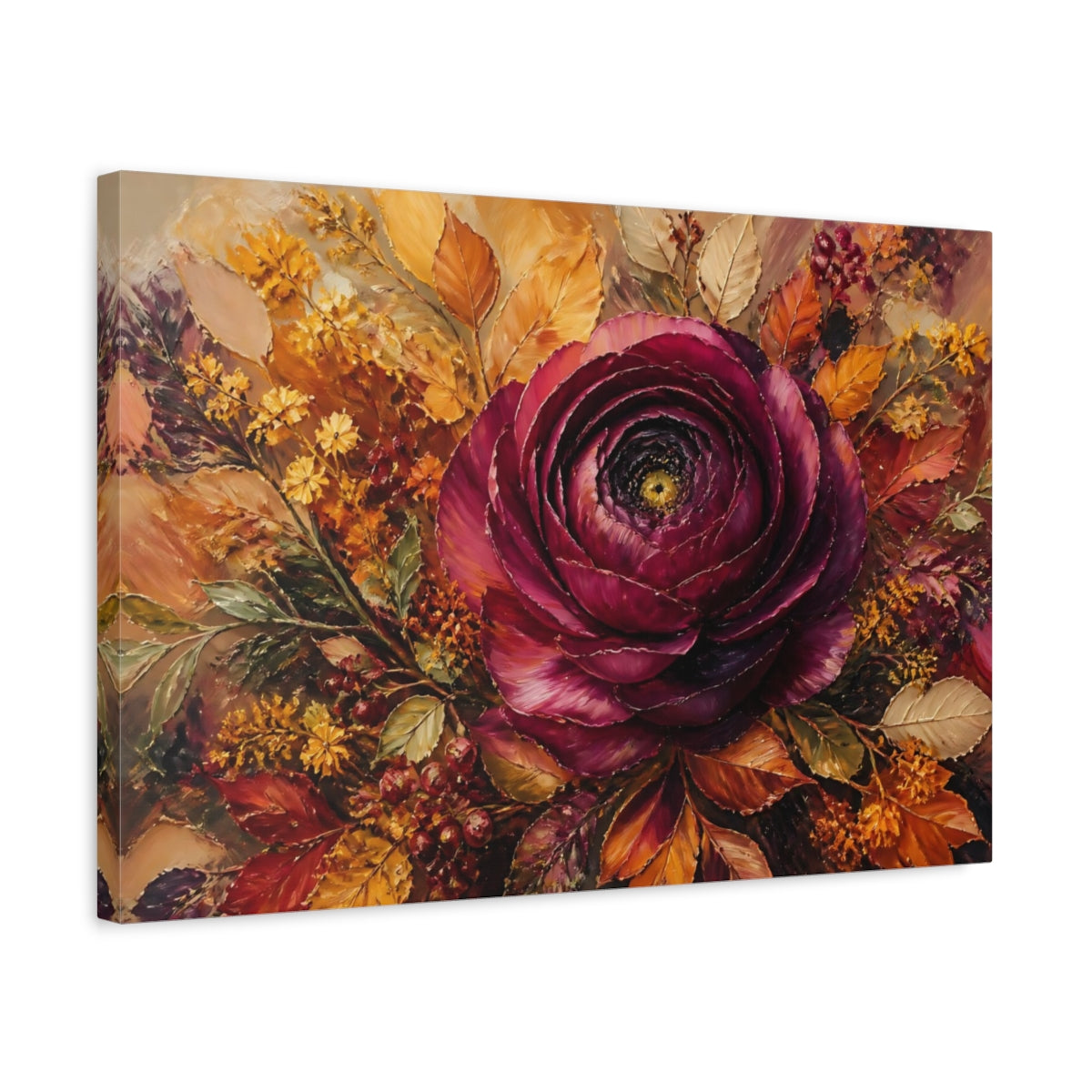 Side Mockup 3. Floral Burgundy Flower Burgundy Floral shown as stretched canvas wall art