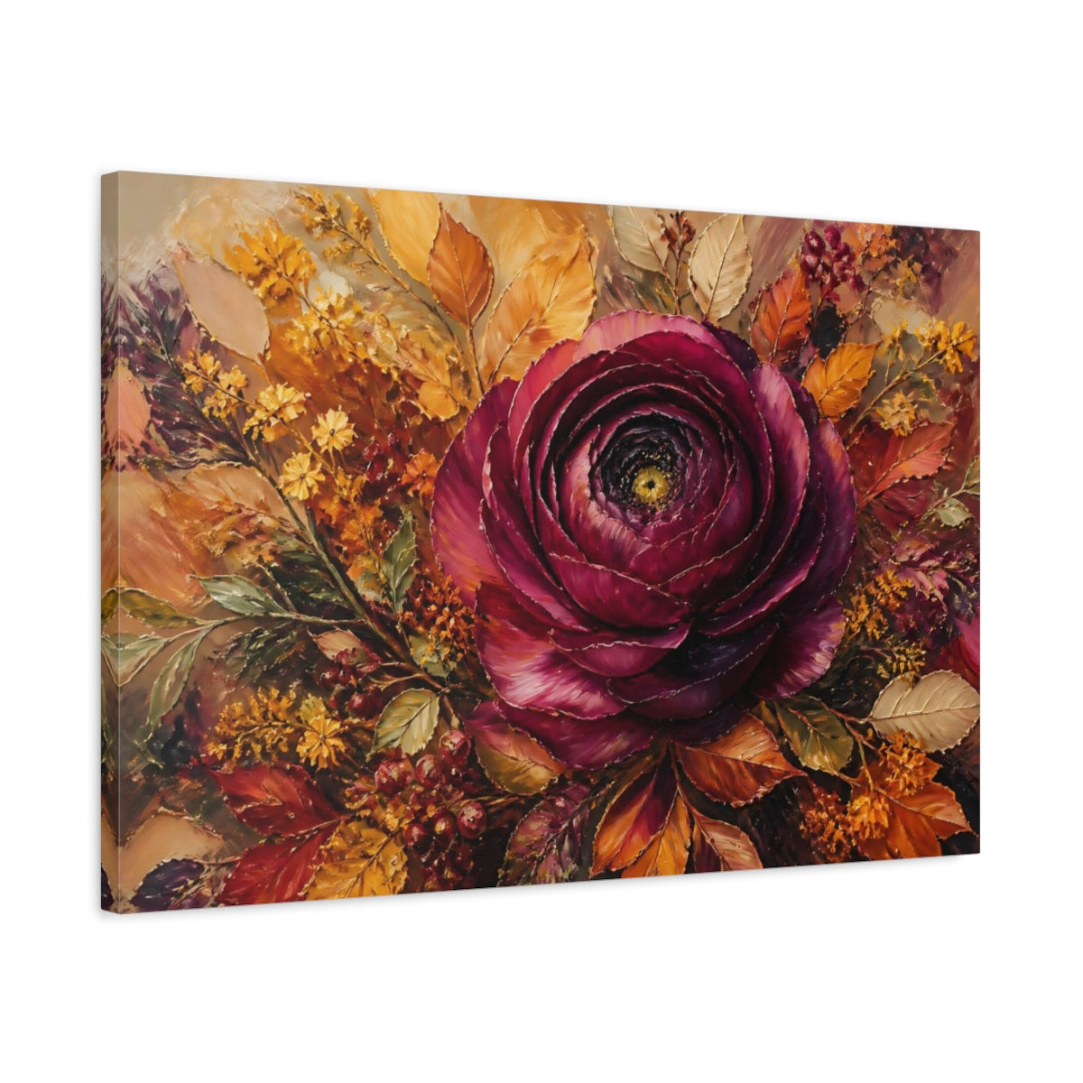 Side Mockup 2. Floral Burgundy Flower Burgundy Floral shown as stretched canvas wall art