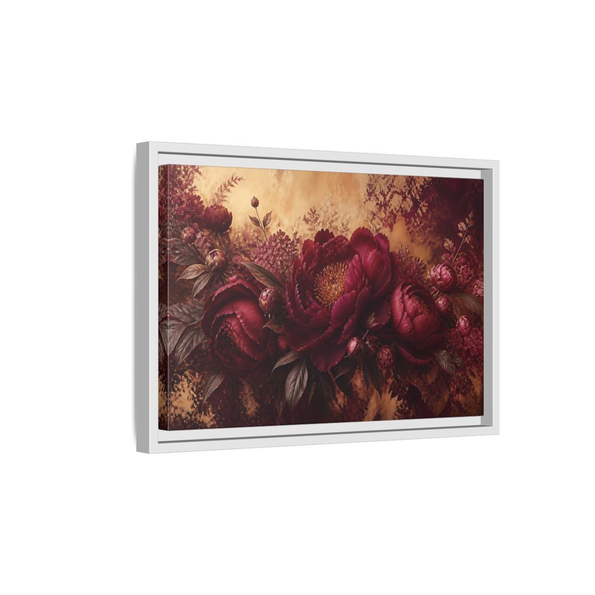 Side Mockup 4. Floral Burgundy Peony Arrangement shown as framed canvas print