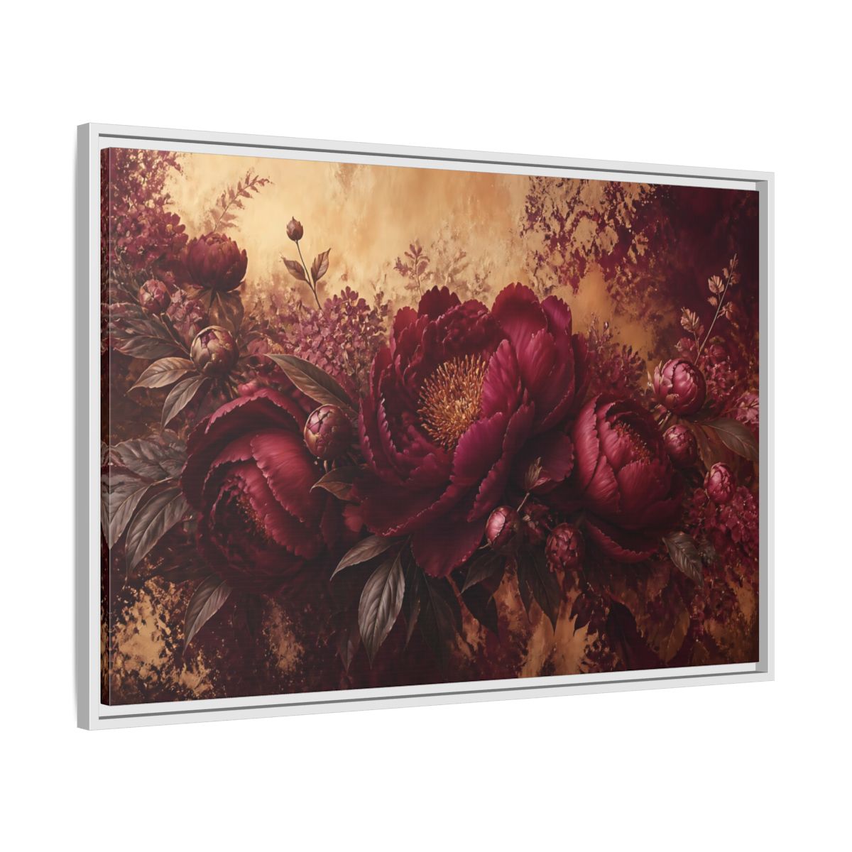 Side Mockup 9. Floral Burgundy Peony Arrangement shown as framed canvas print