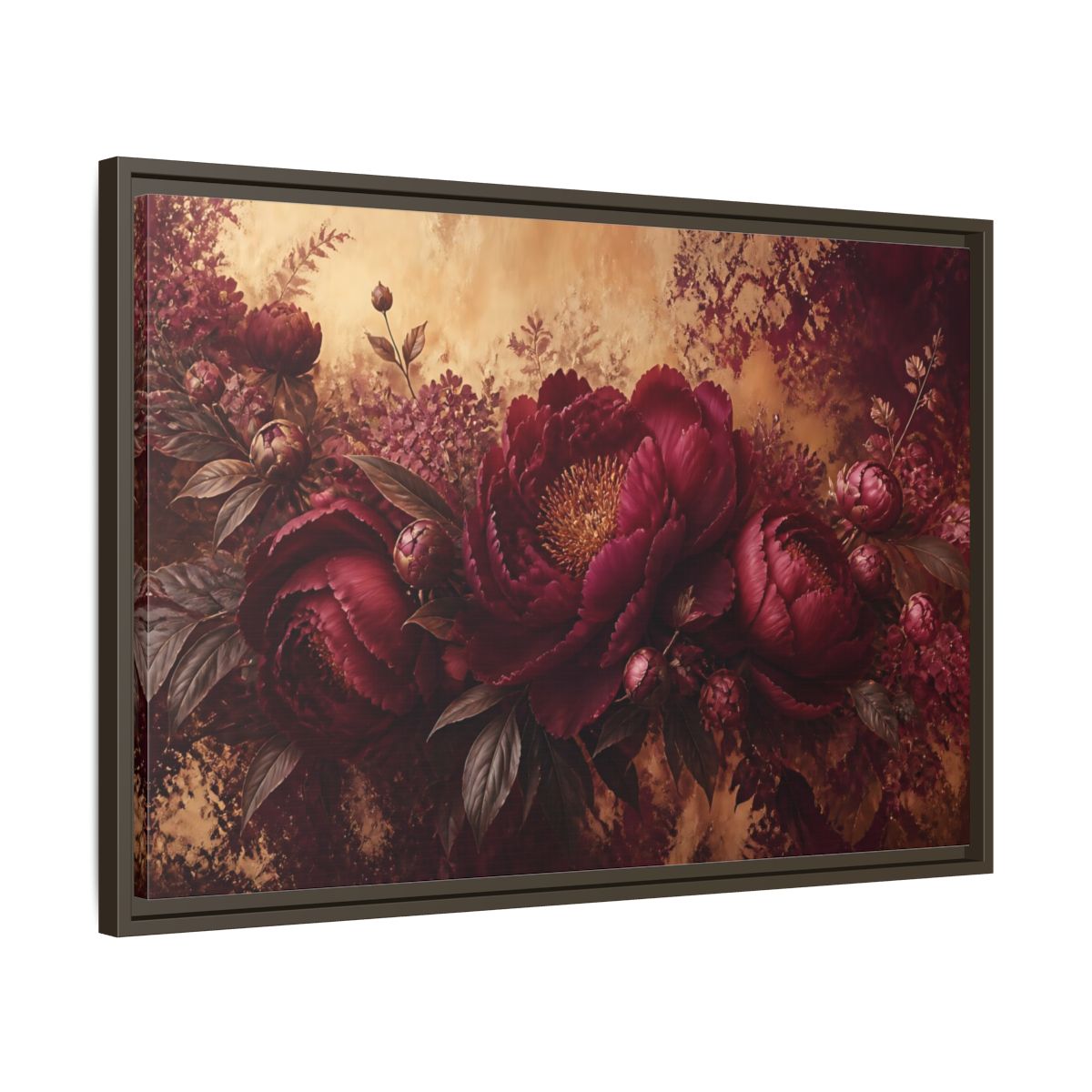 Side Mockup 11. Floral Burgundy Peony Arrangement shown as framed canvas print