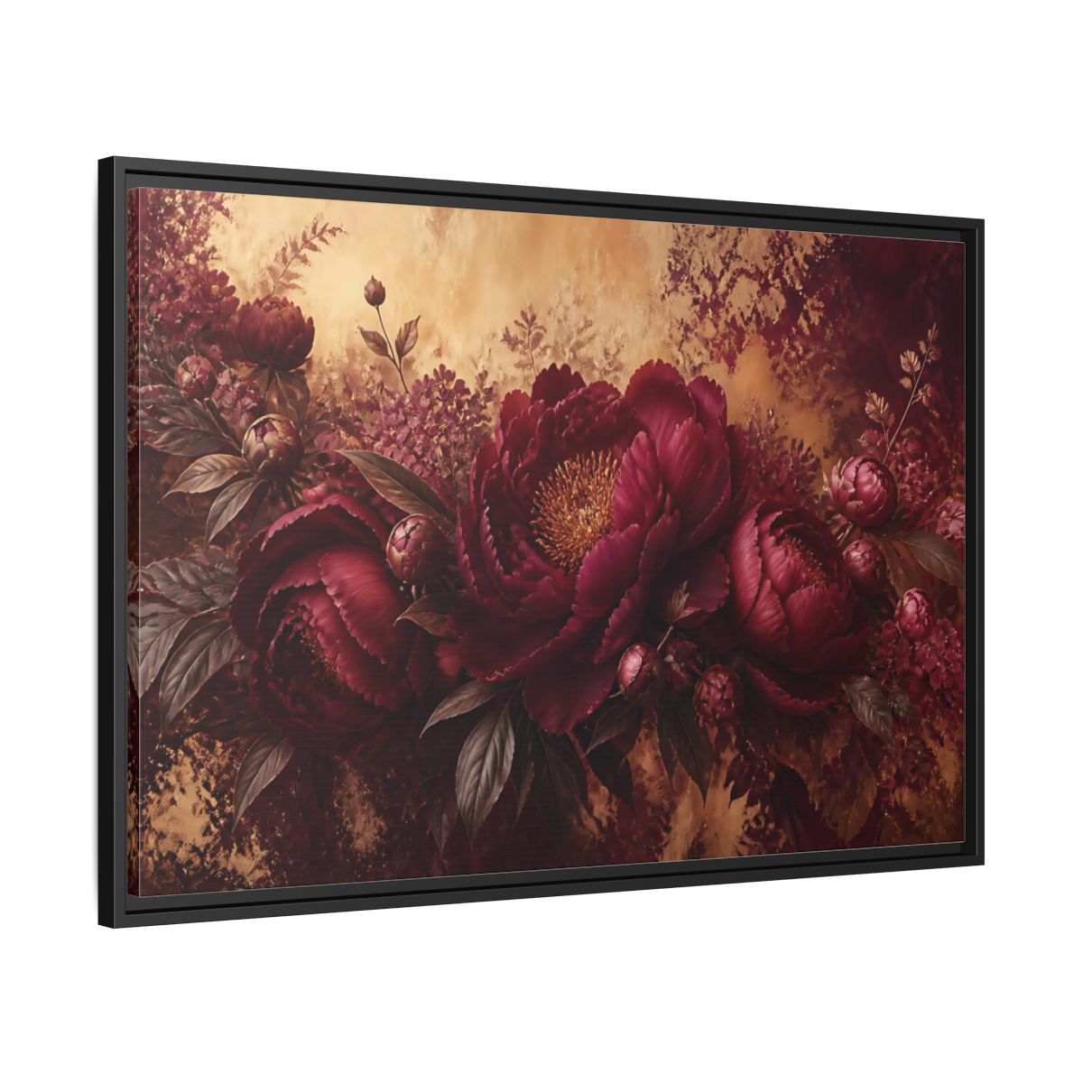 Side Mockup 13. Floral Burgundy Peony Arrangement shown as framed canvas print