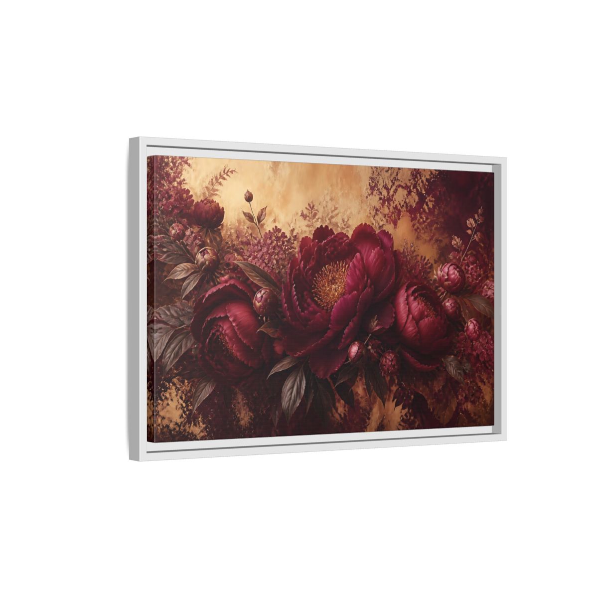 Side Mockup 1. Floral Burgundy Peony Arrangement shown as framed canvas print