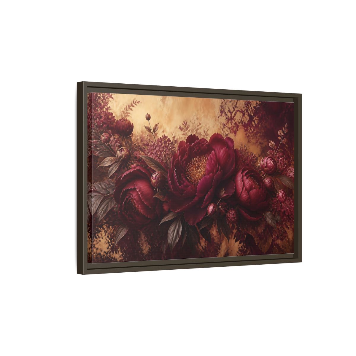 Side Mockup 2. Floral Burgundy Peony Arrangement shown as framed canvas print