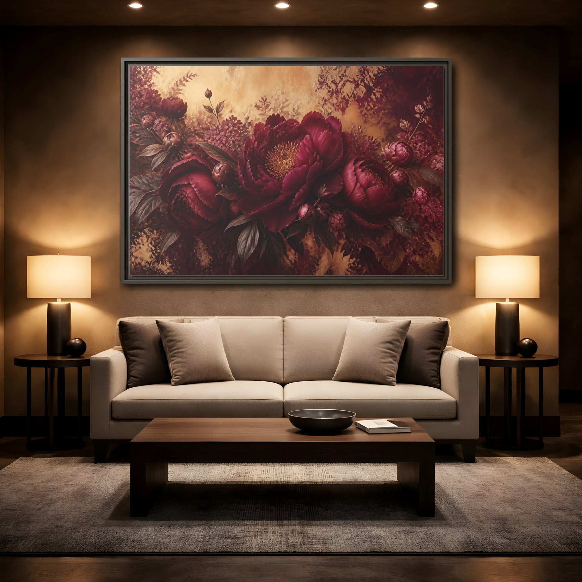 Mockup 2. Floral Burgundy Peony Arrangement shown as framed canvas print