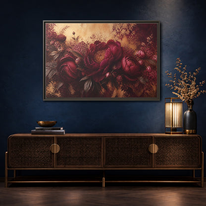 Mockup 4. Floral Burgundy Peony Arrangement shown as framed canvas print