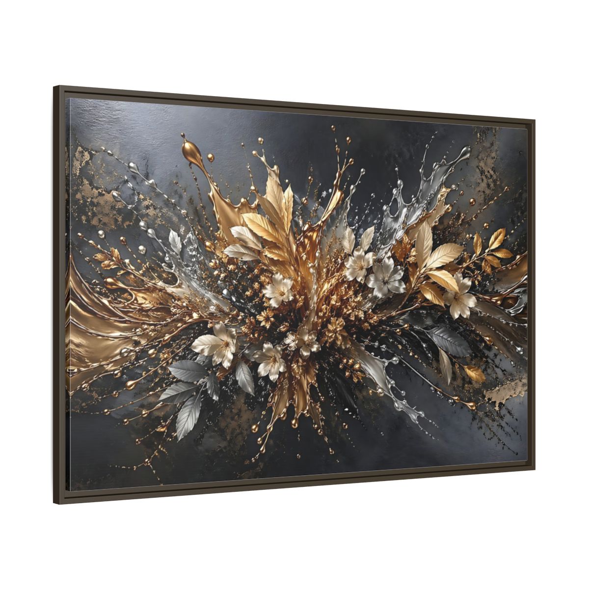 Side Mockup 8. Floral Floral Burst Black Gold Silver shown as stretched canvas wall art