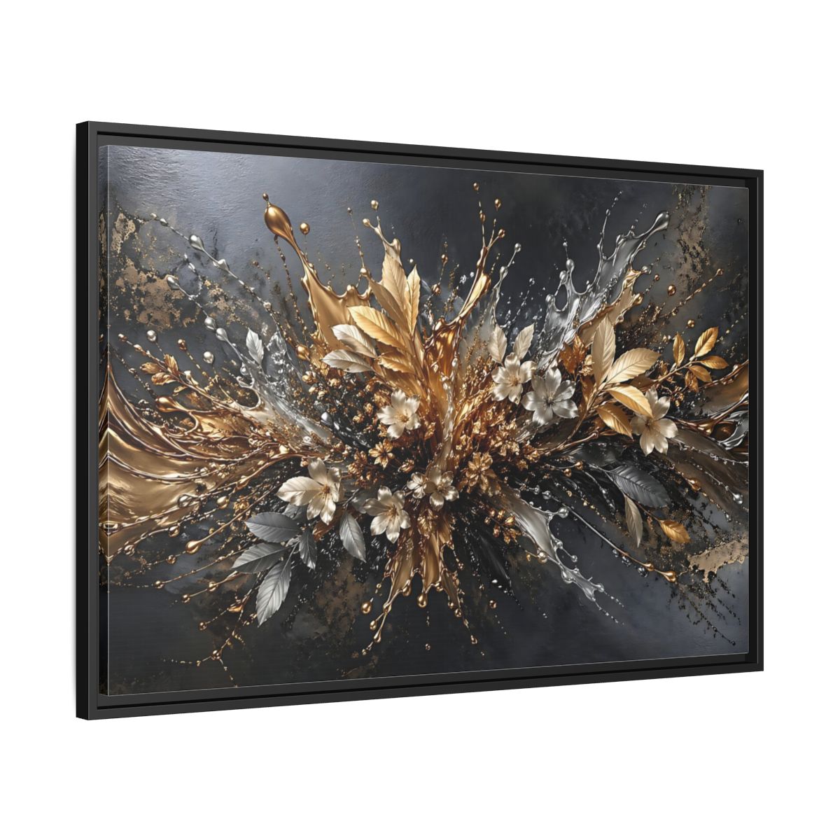 Side Mockup 13. Floral Floral Burst Black Gold Silver shown as stretched canvas wall art