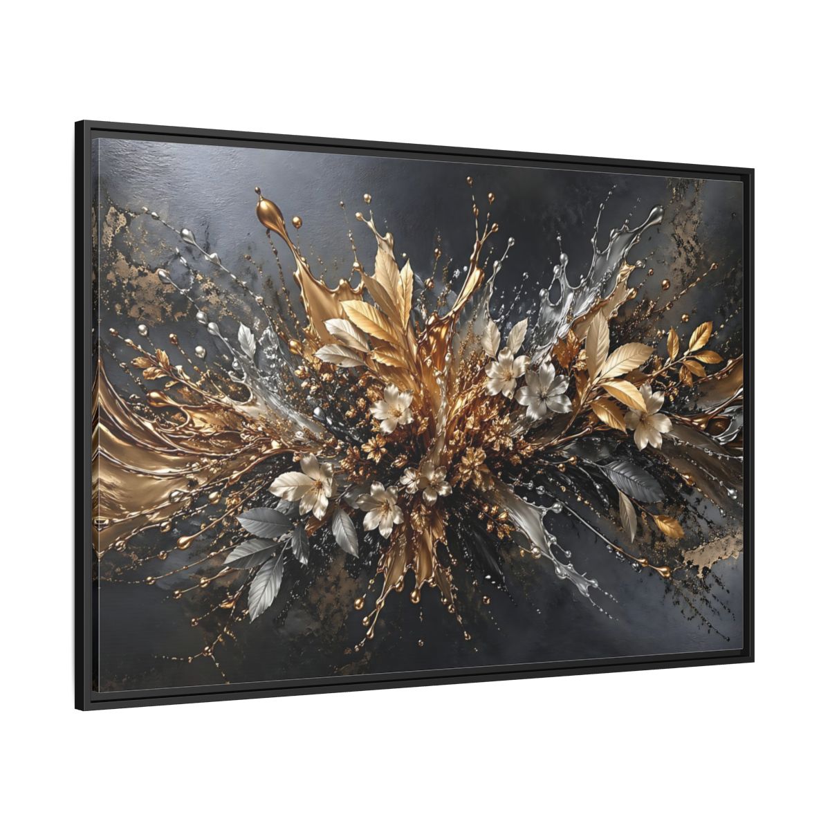 Side Mockup 12. Floral Floral Burst Black Gold Silver shown as stretched canvas wall art
