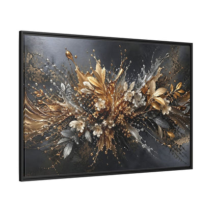 Side Mockup 12. Floral Floral Burst Black Gold Silver shown as stretched canvas wall art