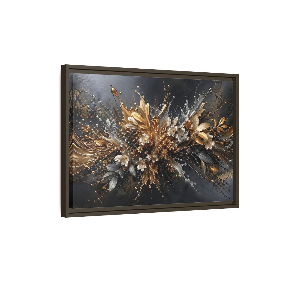 Side Mockup 2. Floral Floral Burst Black Gold Silver shown as stretched canvas wall art
