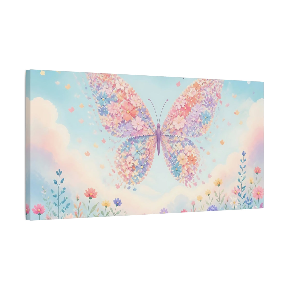 Side Mockup 1. Floral Butterfly Over Meadow shown as canvas print