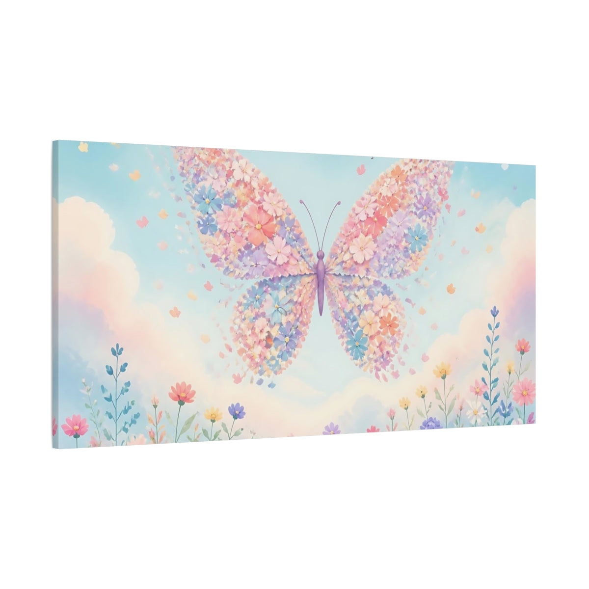 Side Mockup 2. Floral Butterfly Over Meadow shown as canvas print