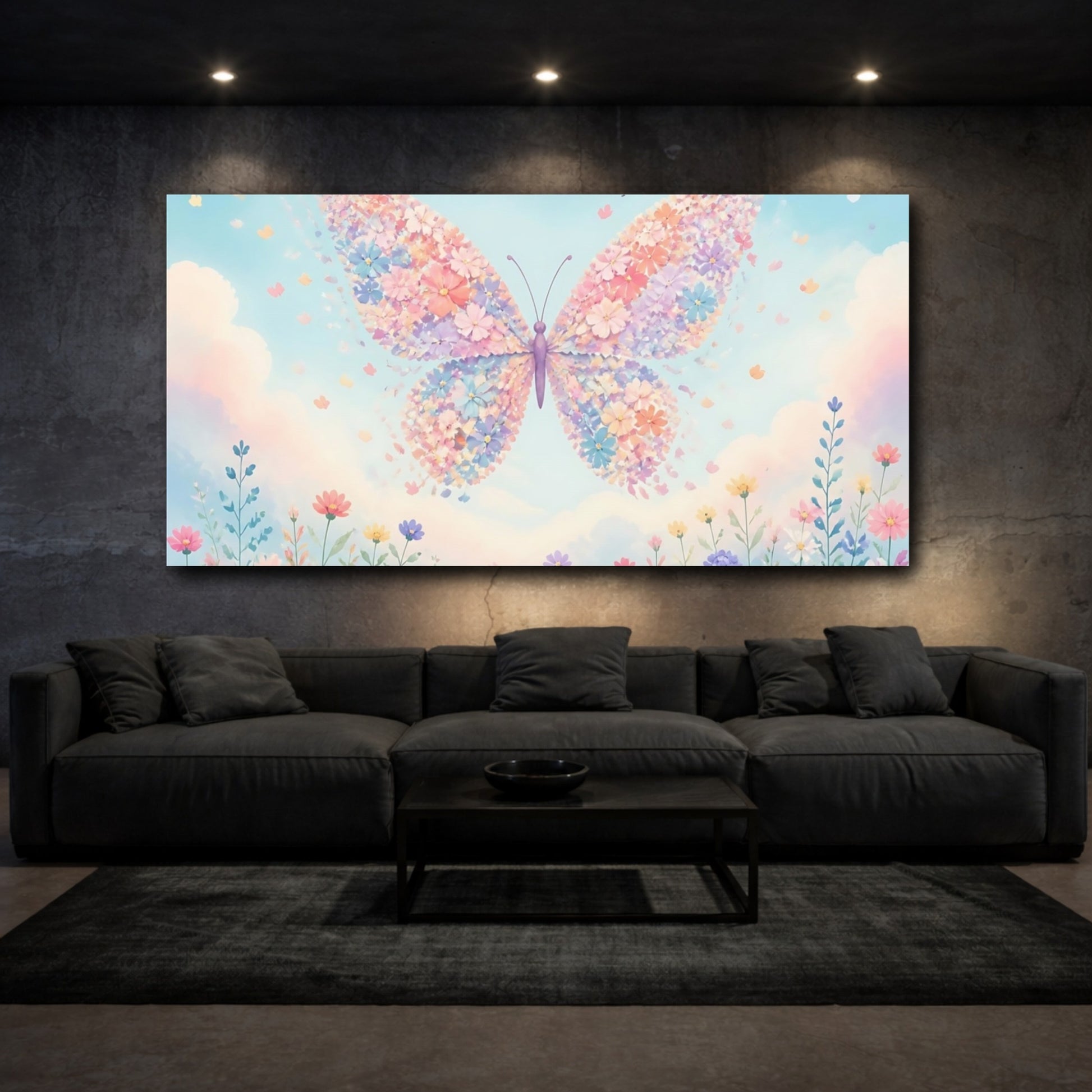 Mockup 3. Floral Butterfly Over Meadow shown as canvas print