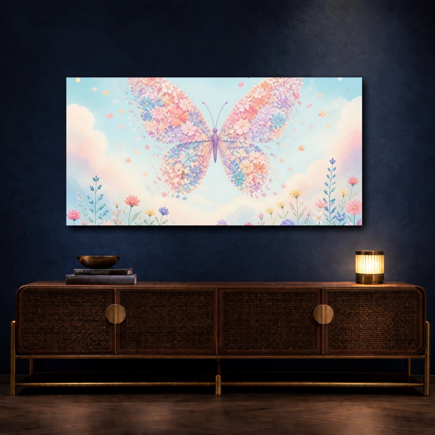 Mockup 4. Floral Butterfly Over Meadow shown as canvas print