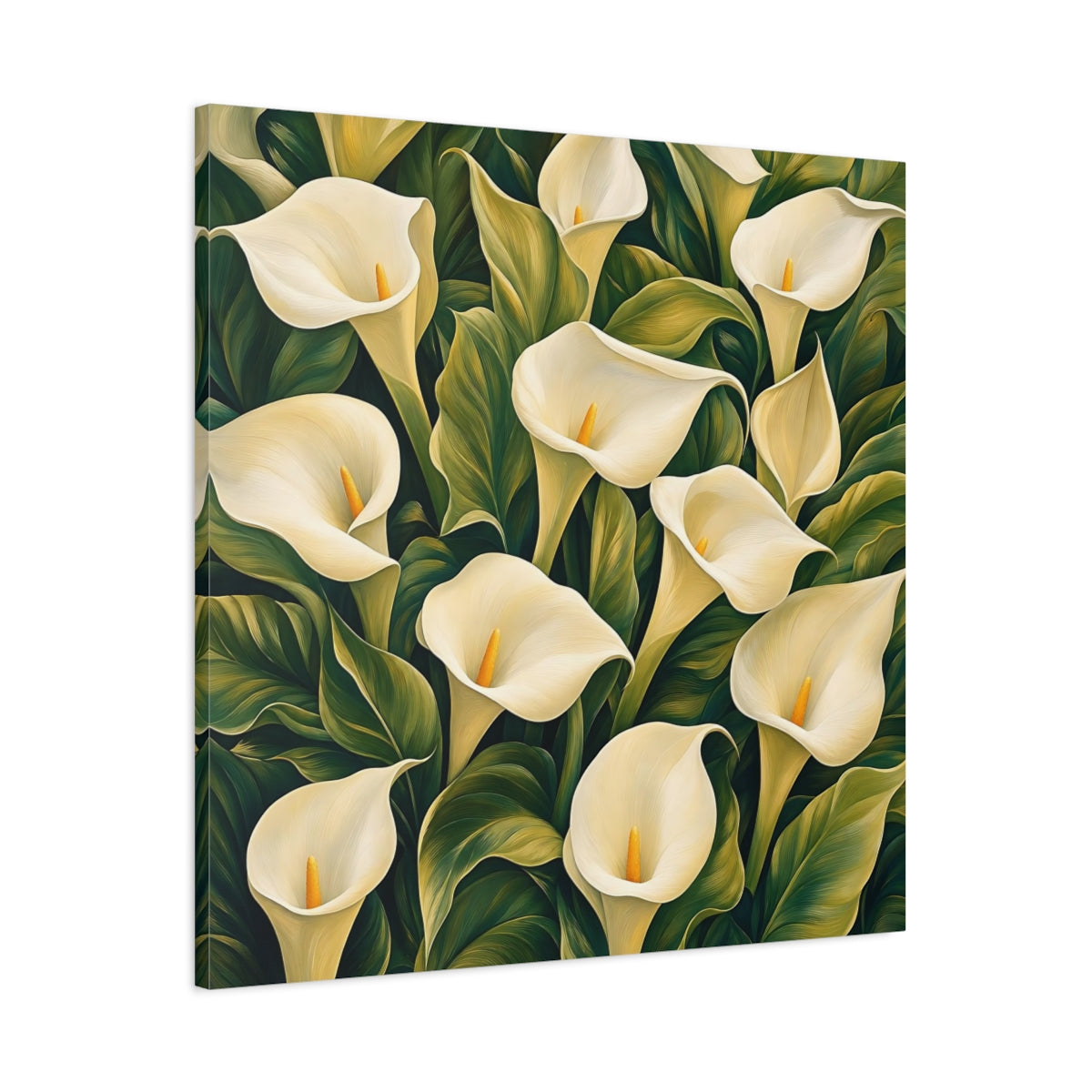 Main Mockup. Floral Calla Lilies White And Green shown as stretched canvas wall art
