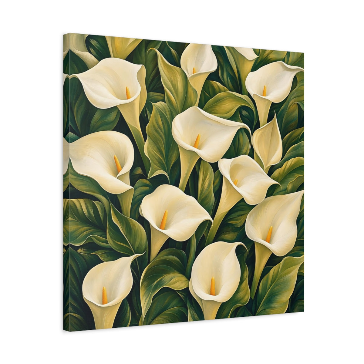 Side Mockup 4. Floral Calla Lilies White And Green shown as stretched canvas wall art