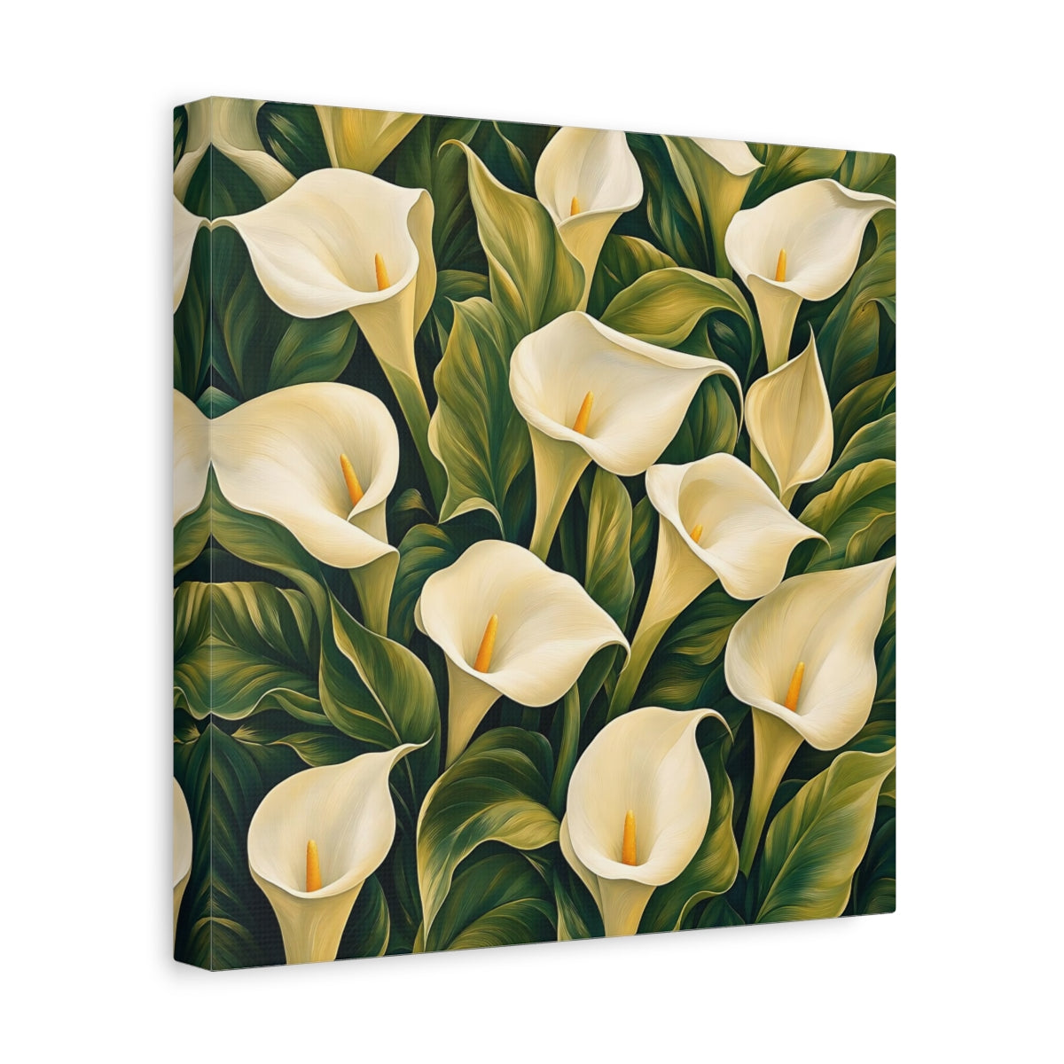 Side Mockup 8. Floral Calla Lilies White And Green shown as stretched canvas wall art