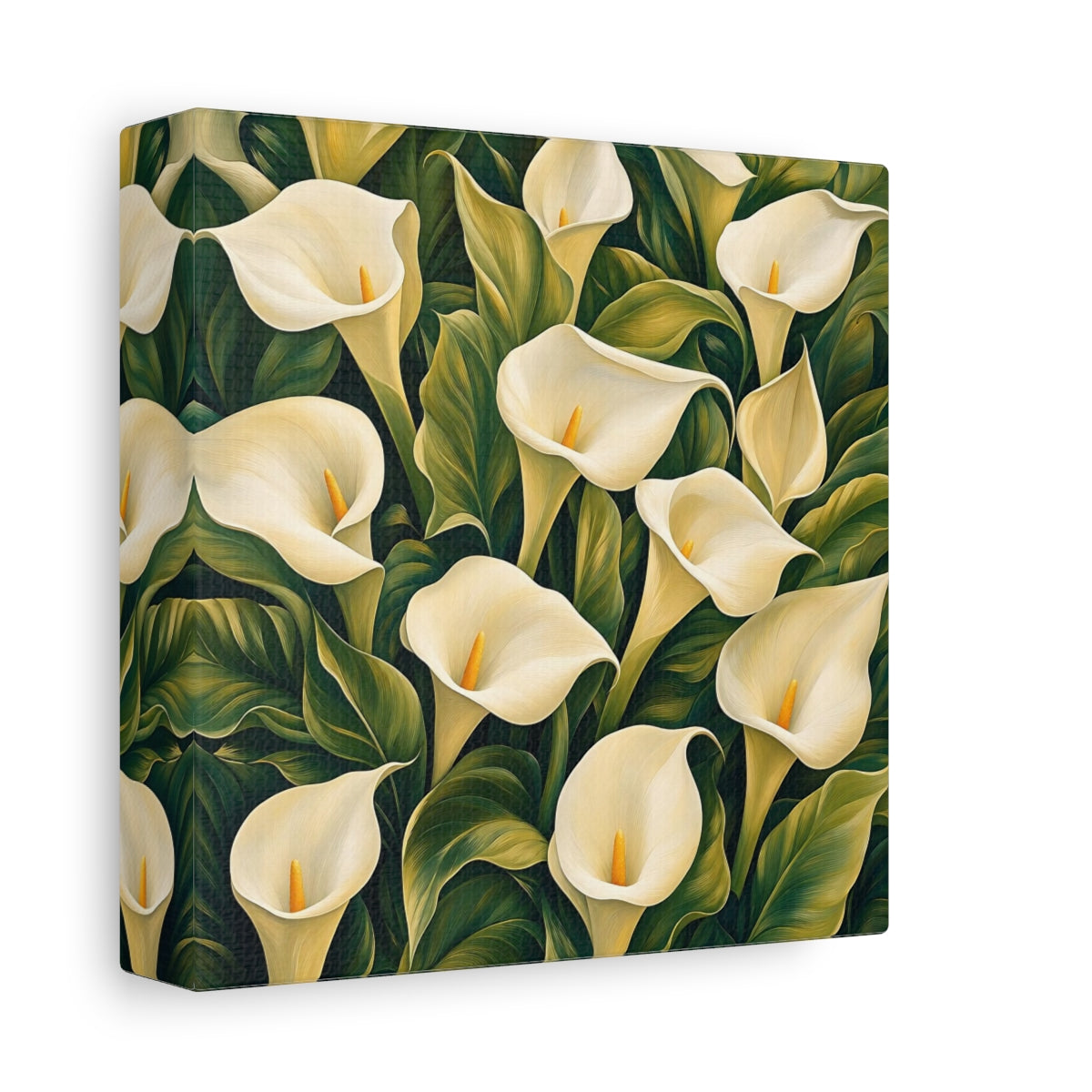 Side Mockup 2. Floral Calla Lilies White And Green shown as stretched canvas wall art