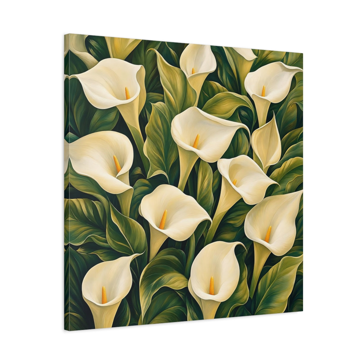 Side Mockup 3. Floral Calla Lilies White And Green shown as stretched canvas wall art