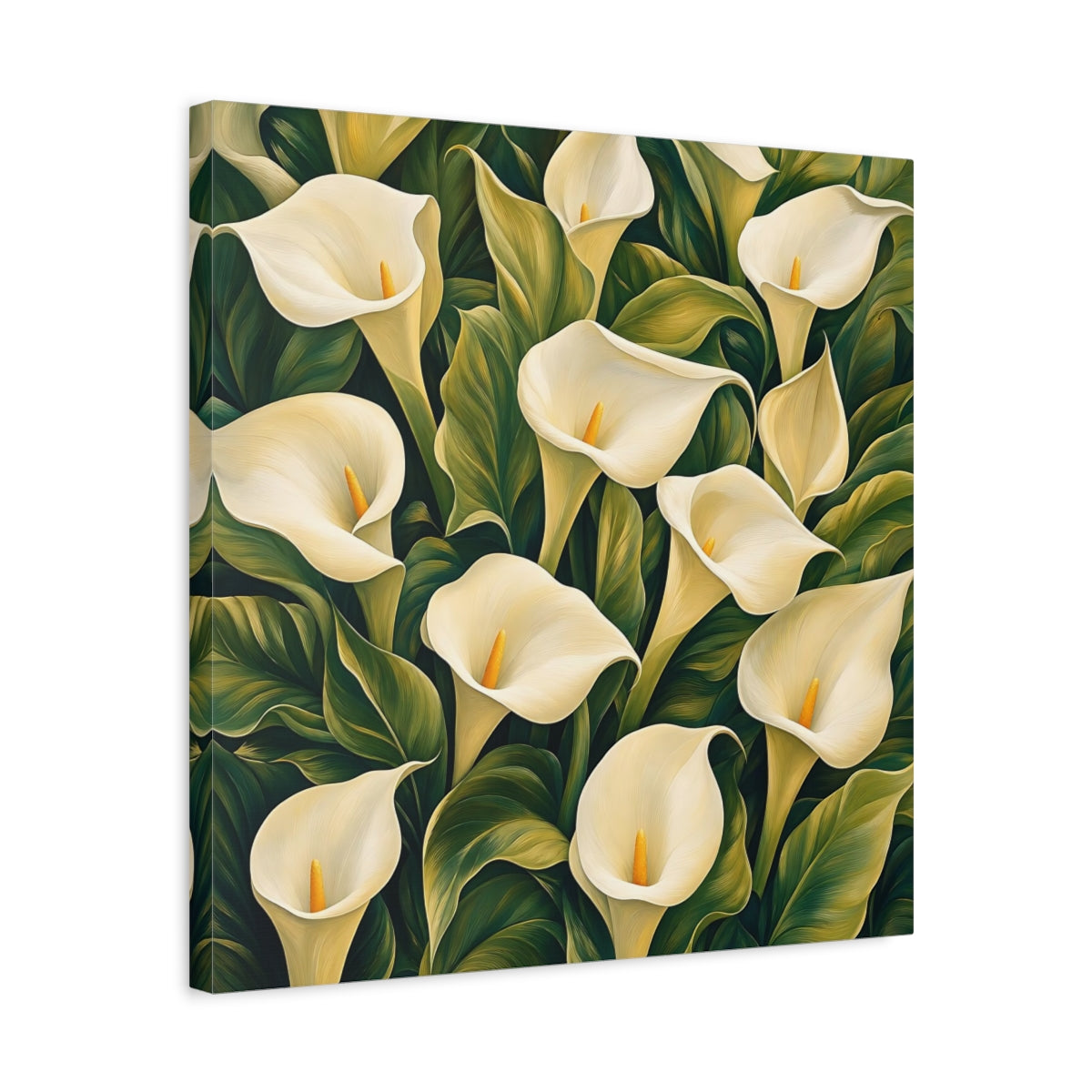 Side Mockup 5. Floral Calla Lilies White And Green shown as stretched canvas wall art