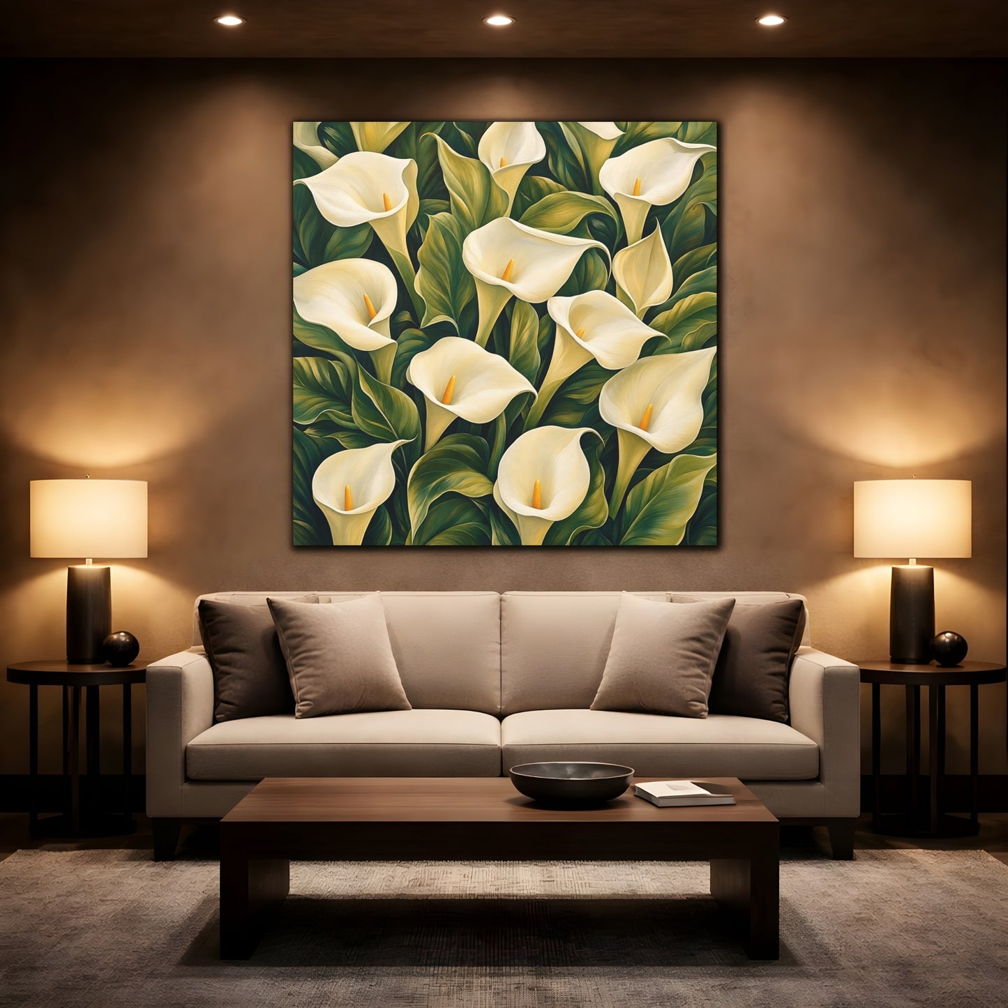 Mockup 2. Floral Calla Lilies White And Green shown as stretched canvas wall art