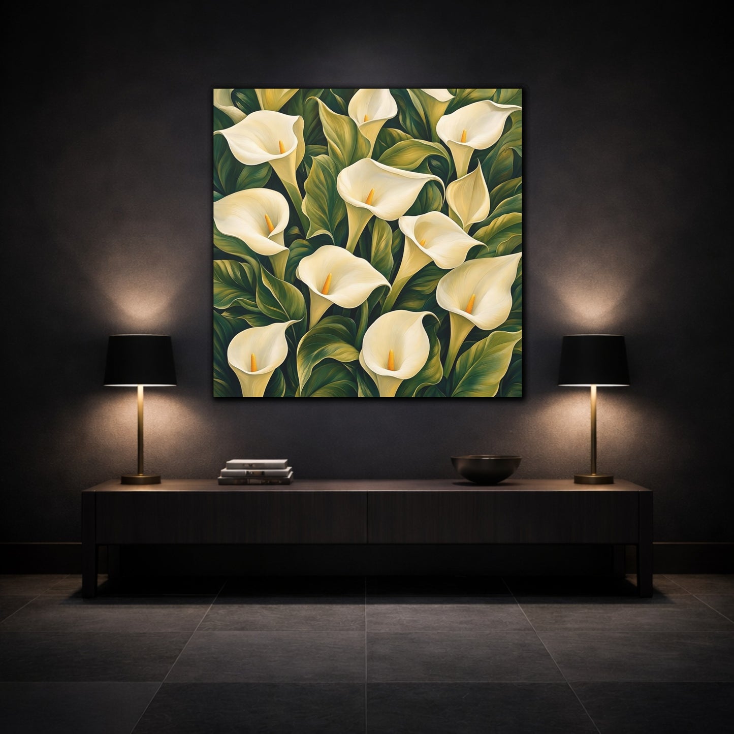 Mockup 3. Floral Calla Lilies White And Green shown as stretched canvas wall art