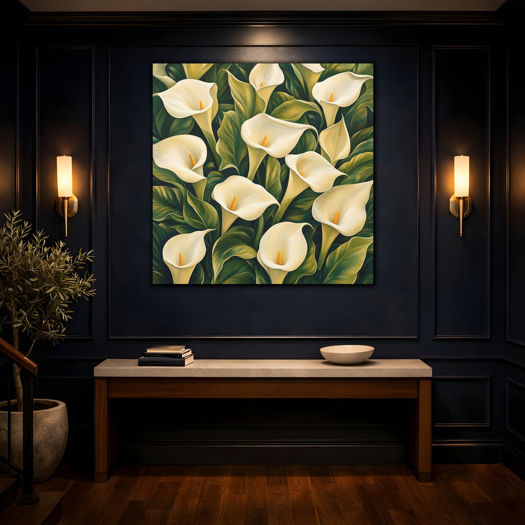 Mockup 4. Floral Calla Lilies White And Green shown as stretched canvas wall art