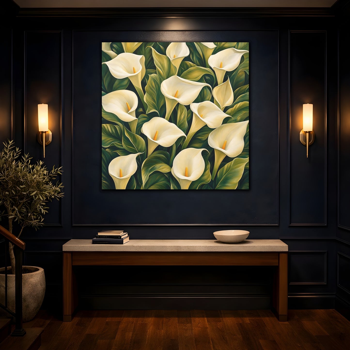 Mockup 4. Floral Calla Lilies White And Green shown as stretched canvas wall art
