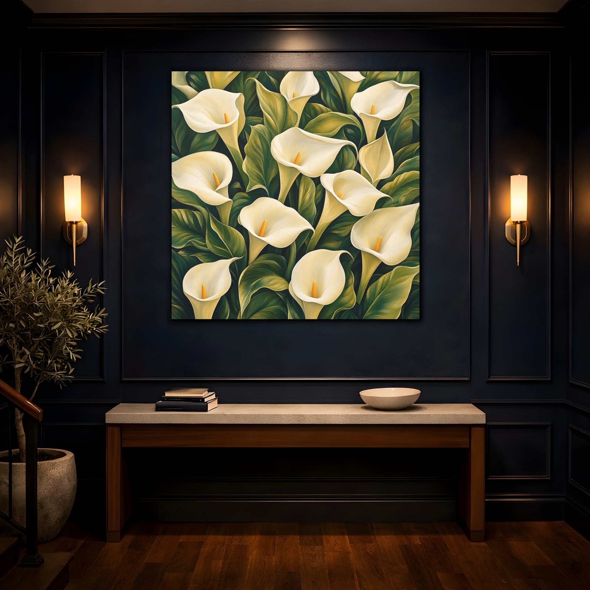 Mockup 4. Floral Calla Lilies White And Green shown as stretched canvas wall art