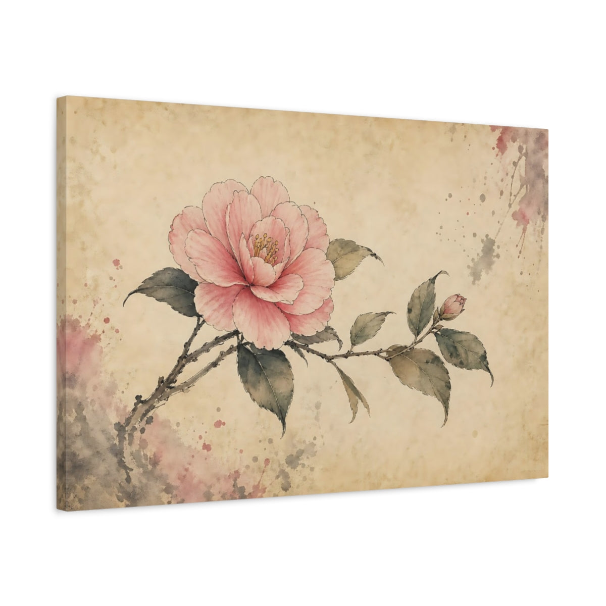 Side Mockup 2. Floral Camellia Flower Pink Floral Art shown as stretched canvas wall art