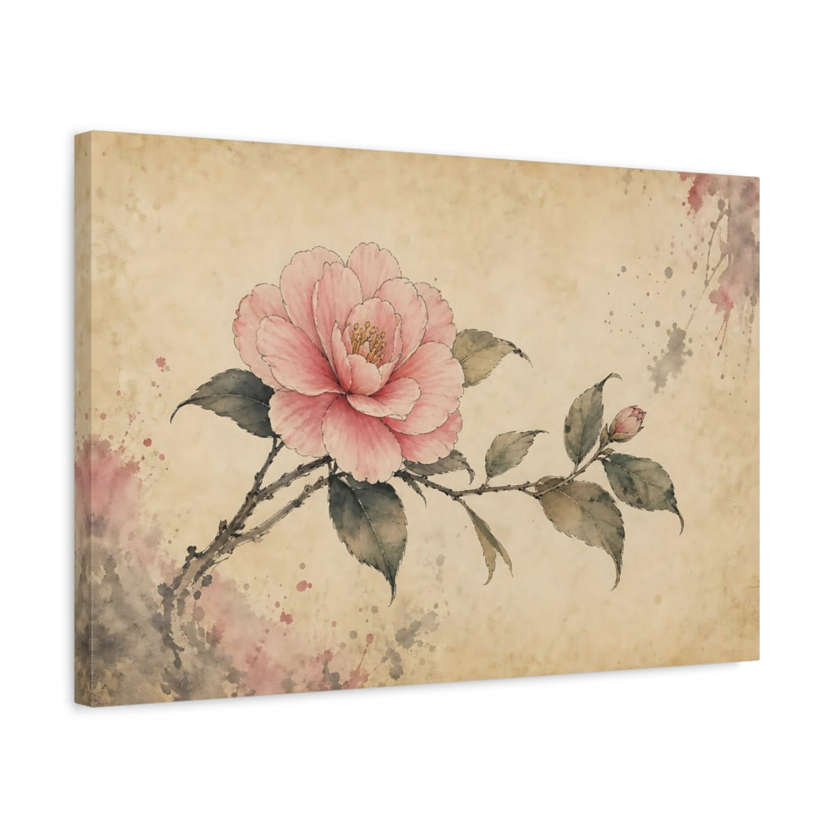 Side Mockup 3. Floral Camellia Flower Pink Floral Art shown as stretched canvas wall art
