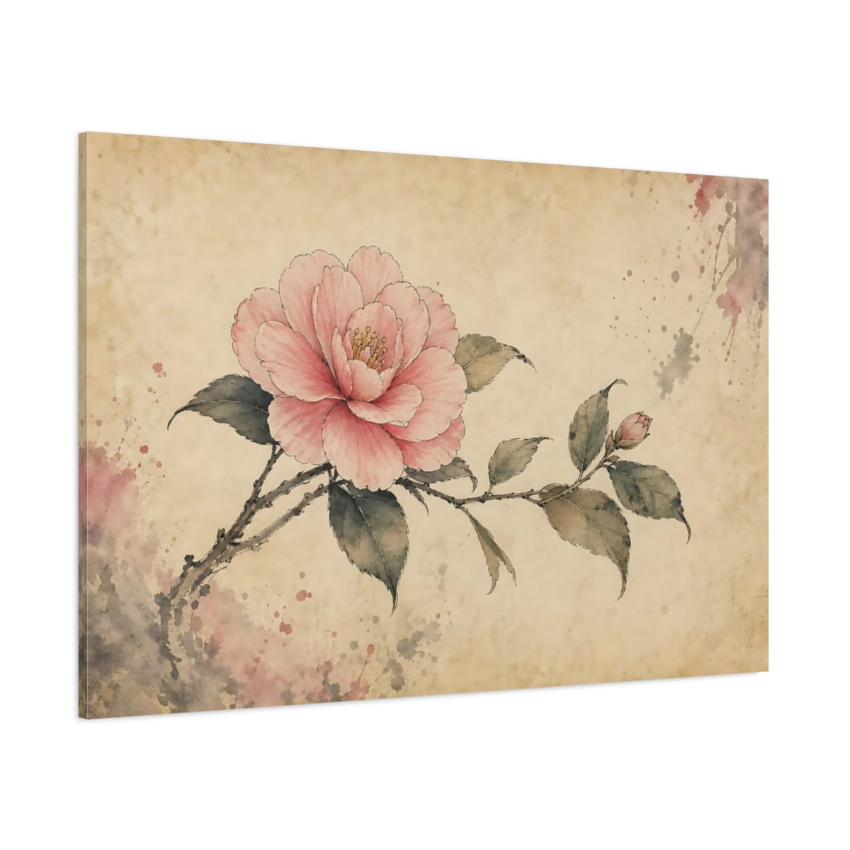 Side Mockup 1. Floral Camellia Flower Pink Floral Art shown as stretched canvas wall art