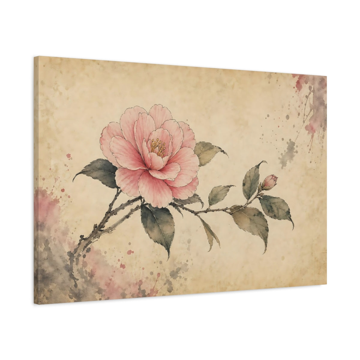 Main Mockup. Floral Camellia Flower Pink Floral Art shown as stretched canvas wall art