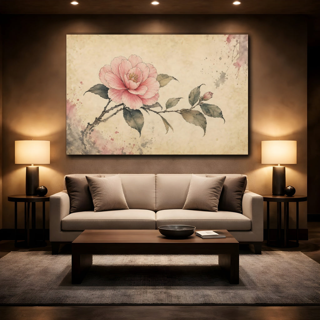 Mockup 2. Floral Camellia Flower Pink Floral Art shown as stretched canvas wall art