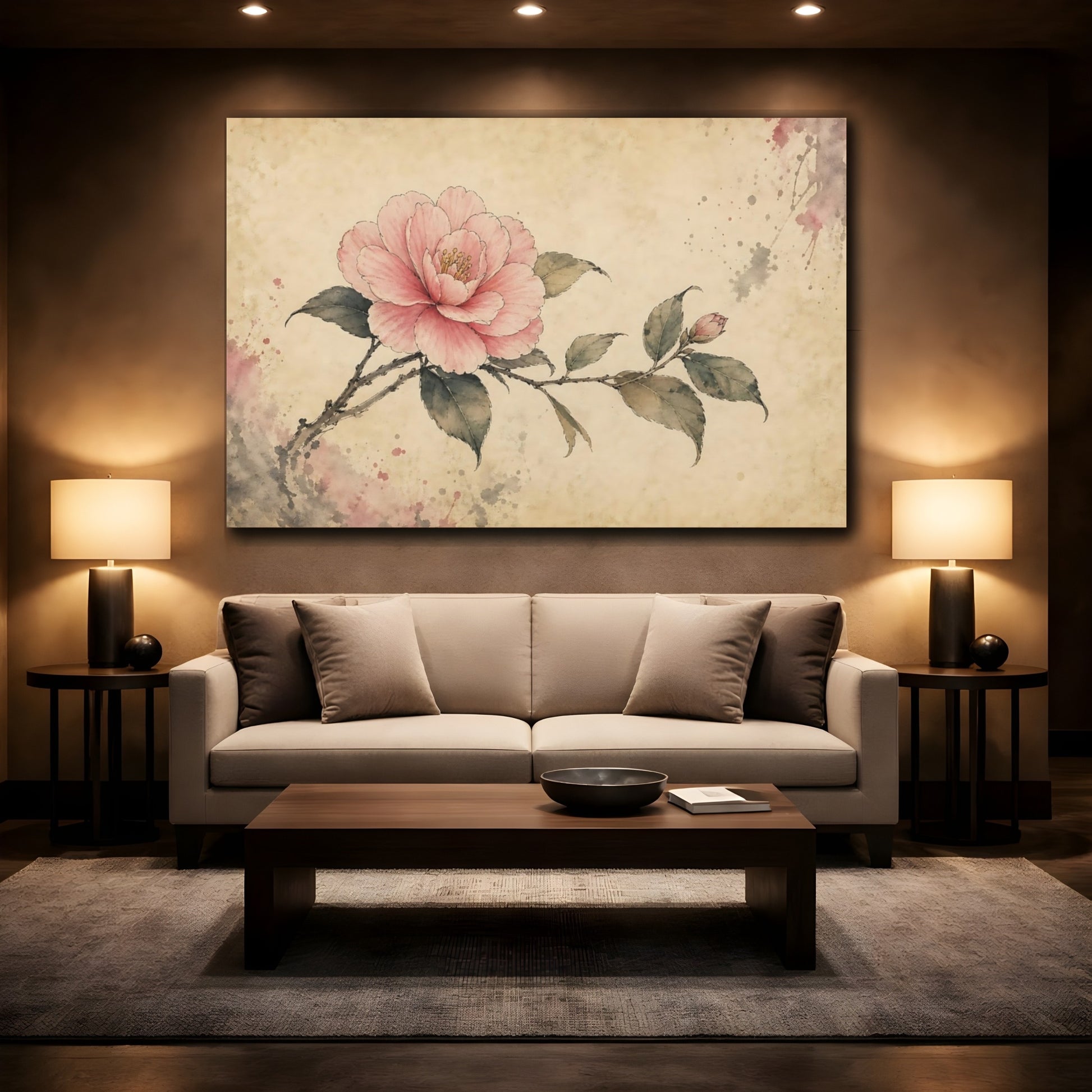 Mockup 2. Floral Camellia Flower Pink Floral Art shown as stretched canvas wall art