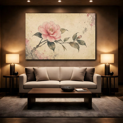 Mockup 2. Floral Camellia Flower Pink Floral Art shown as stretched canvas wall art