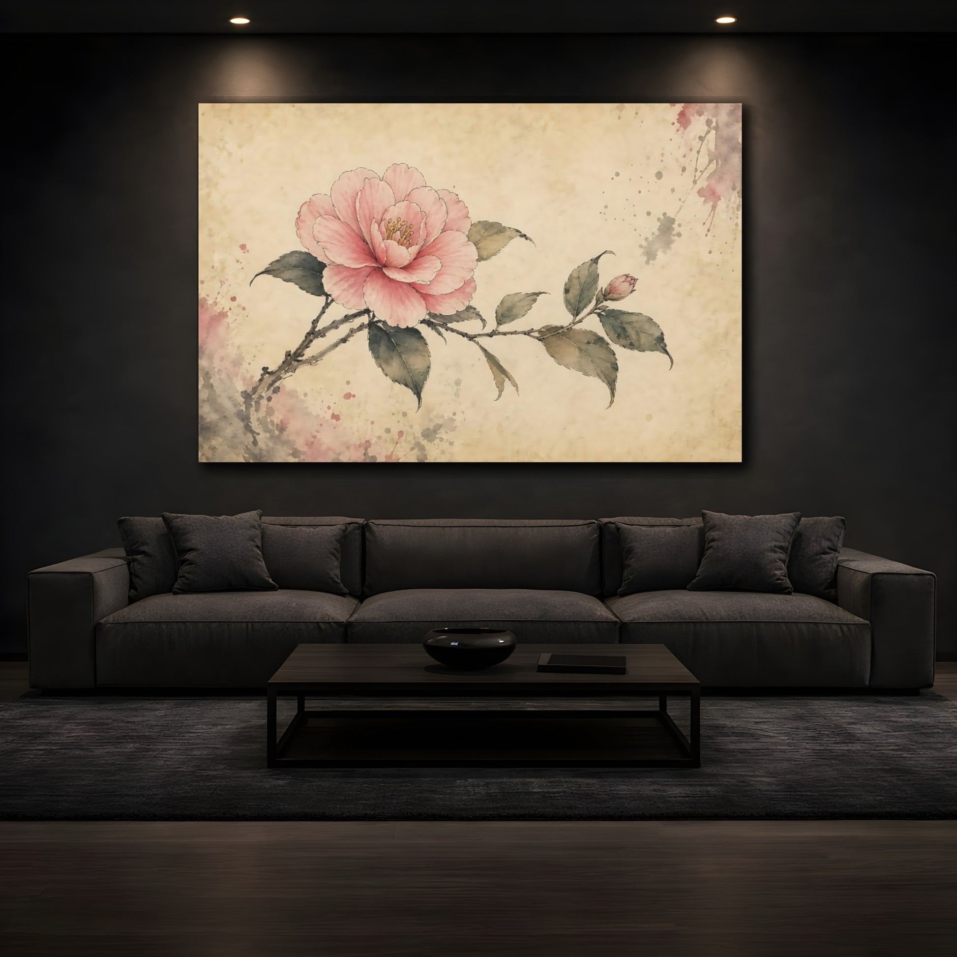 Mockup 3. Floral Camellia Flower Pink Floral Art shown as stretched canvas wall art