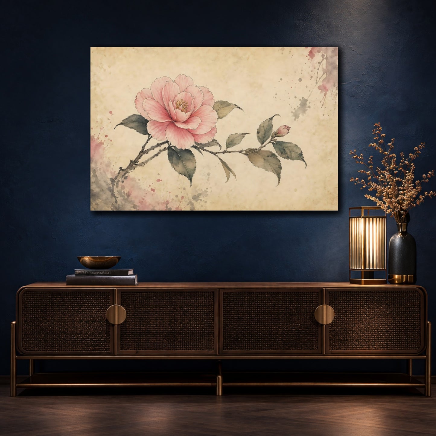 Mockup 4. Floral Camellia Flower Pink Floral Art shown as stretched canvas wall art