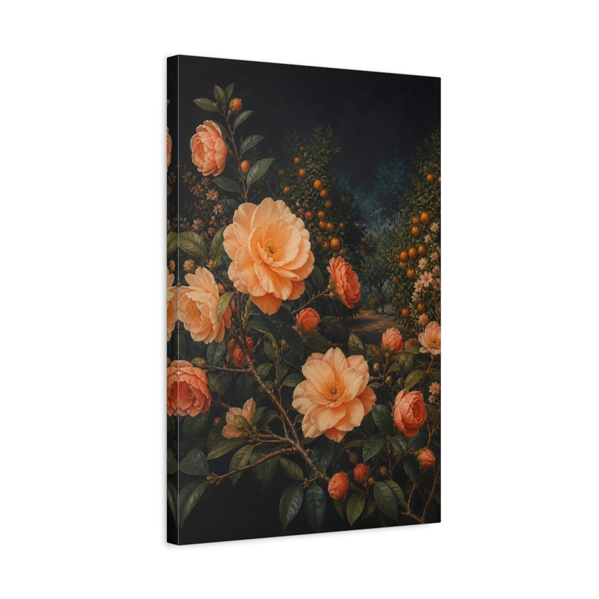 Side Mockup 3. Floral Camellia Flowers Peach Orange Floral shown as stretched canvas wall art